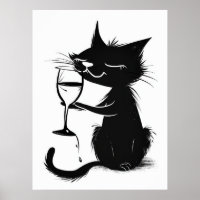 Whimsical Black Cat Drink Wine 2D Poster
