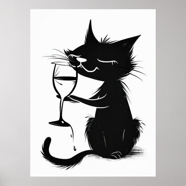 Whimsical Black Cat Drink Wine 2D Poster (Vorne)
