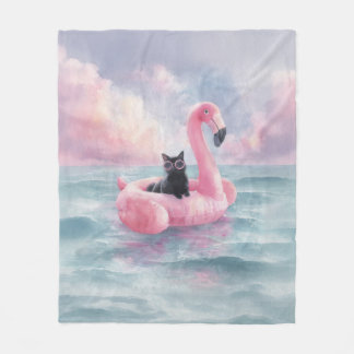 Whimsical Black Cat Flamingo Float Blanket Fleecedecke