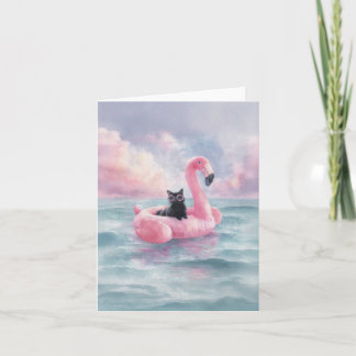 Whimsical Black Cat Flamingo Float Card Karte
