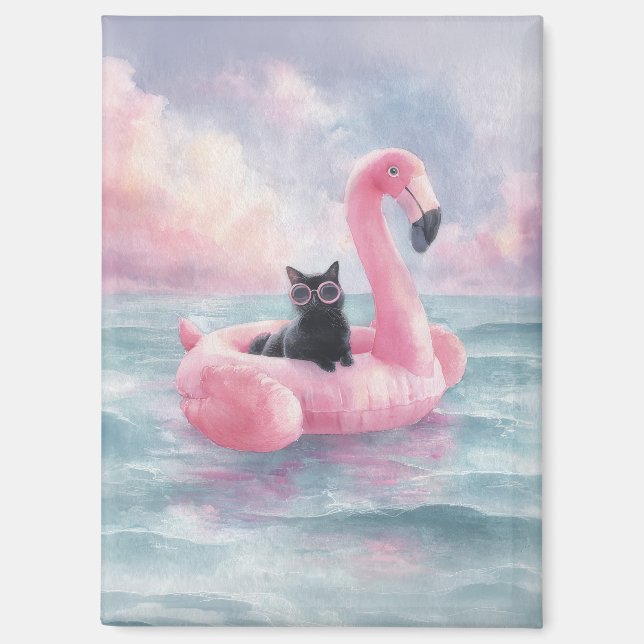 Whimsical Black Cat Flamingo Float Magnet (Vorderseite)