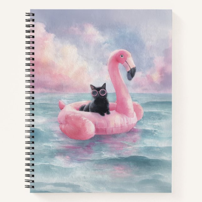 Whimsical Black Cat Flamingo Float Notebook Notizbuch (Vorderseite)