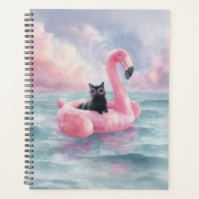 Whimsical Black Cat Flamingo Float Planner Planer (Vorderseite)