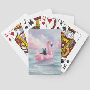 Whimsical Black Cat Flamingo Float Spielkarten