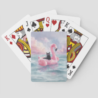 Whimsical Black Cat Flamingo Float Spielkarten