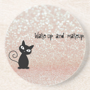 Whimsical Black Cat Glittery Weckte auf und Make-u Sandstein Untersetzer