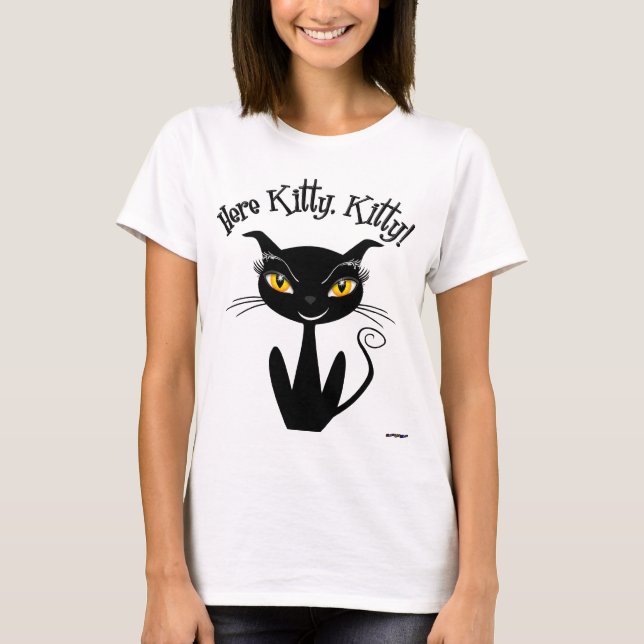 Whimsical Black Cat Here Kitty, Kitty! T-Shirt (Vorderseite)