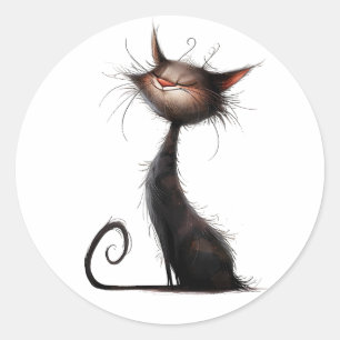 Whimsical Black Cat Illustration Runder Aufkleber
