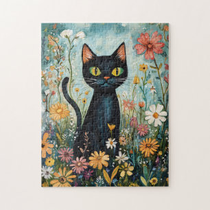 Whimsical Black Cat mit Wildblumen Illustration
