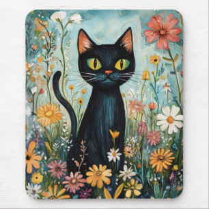 Whimsical Black Cat mit Wildblumen Illustration Mousepad