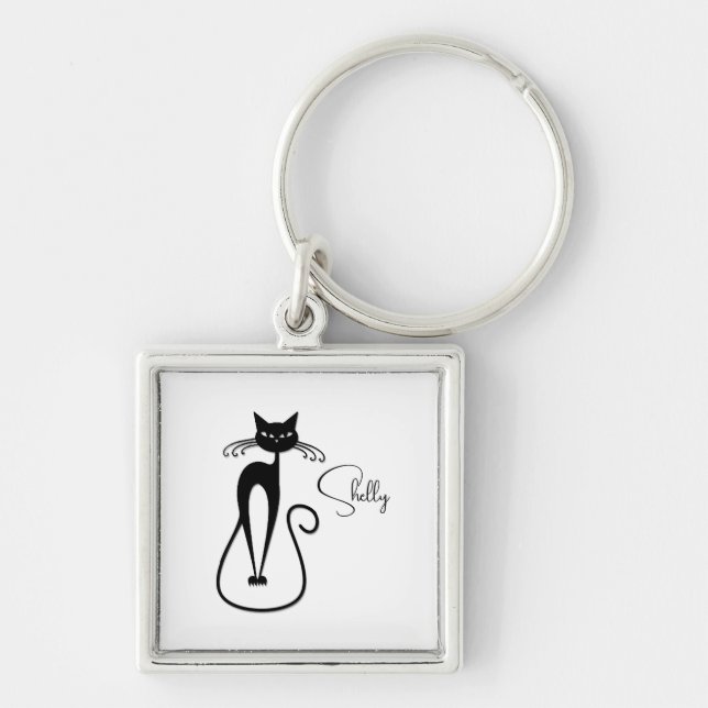 Whimsical Black Cat Personal Schlüsselanhänger (Vorne)