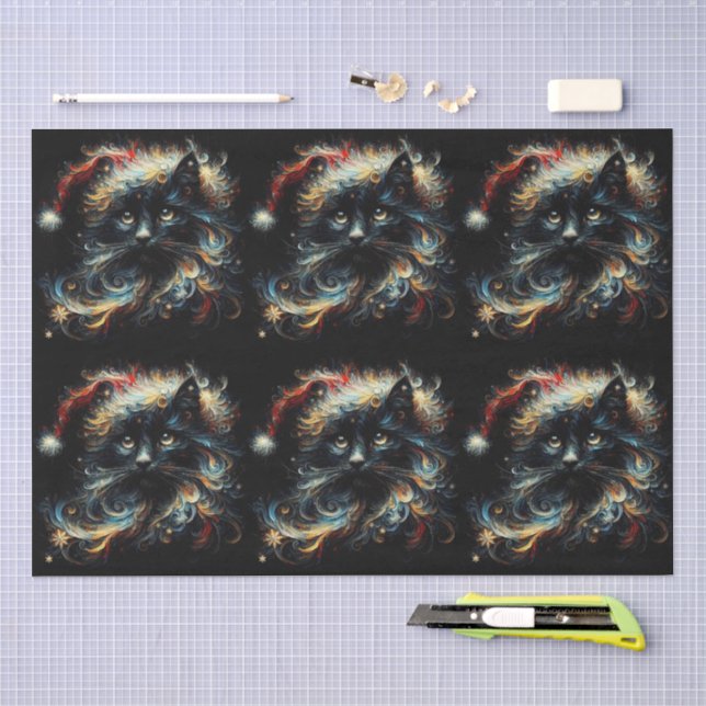 Whimsical Black Cat Santa Christmas Hat Decoupage Seidenpapier (Handwerk)