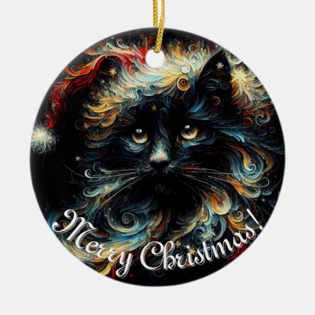 Whimsical Black Cat Santa Christmas Hat saisonale Keramik Ornament (Vorne)