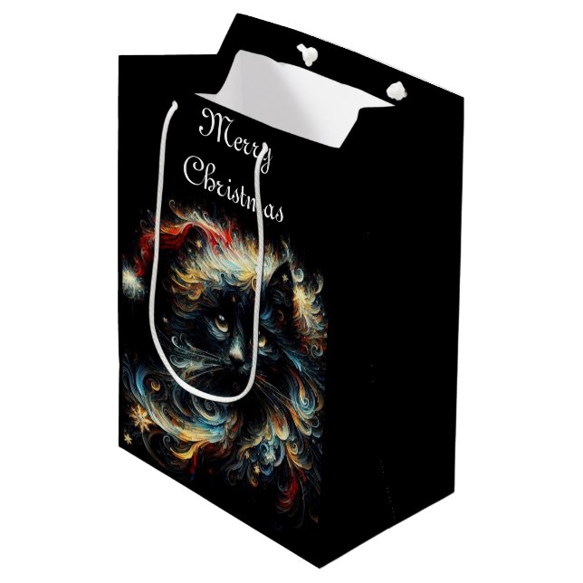 Whimsical Black Cat Santa Christmas Hat saisonale Mittlere Geschenktüte (Vorderseite Schrägansicht)