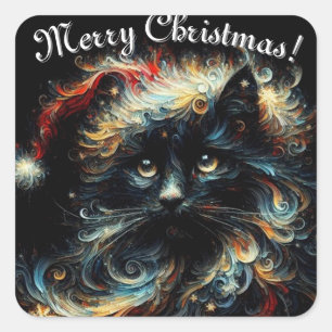 Whimsical Black Cat Santa Christmas Hat saisonale Quadratischer Aufkleber