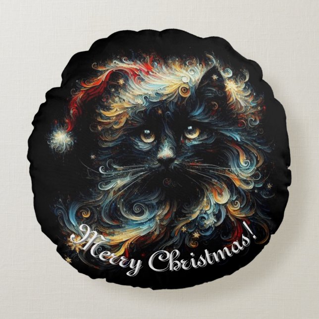 Whimsical Black Cat Santa Christmas Hat saisonale Rundes Kissen (Vorderseite)