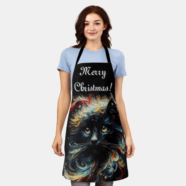 Whimsical Black Cat Santa Christmas Hat saisonale Schürze (Getragen)