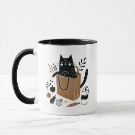 Whimsical Black Cat Sitzen in einem Lebensmittelbe Tasse