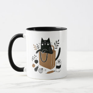 Whimsical Black Cat Sitzen in einem Lebensmittelbe Tasse
