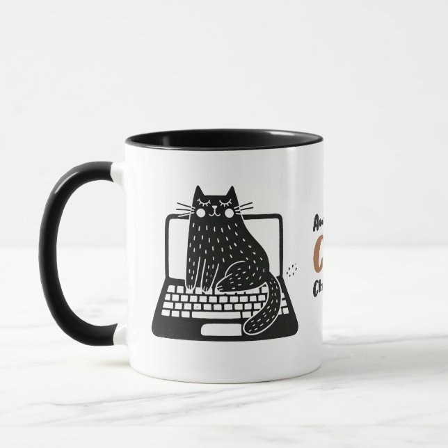 Whimsical Black Cat sitzend auf Laptop Tasse (Links)