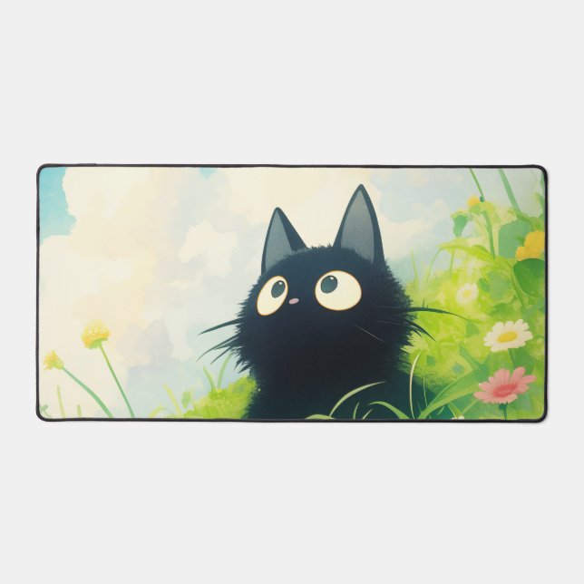 Whimsical Black Cat Sunny Daisy Cloud Sky Schreibtischunterlage (Vorderseite)