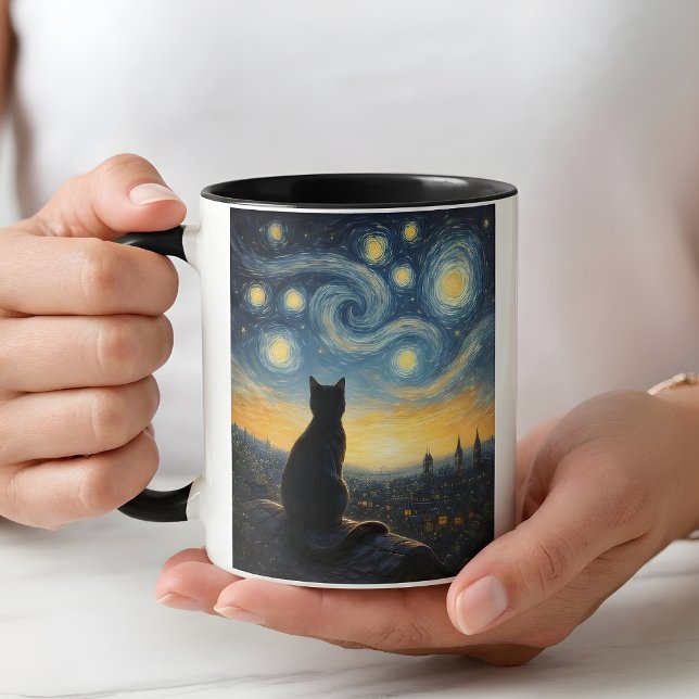 Whimsical Black Cat & Swirling Sky Art Coffee Cup Tasse (Von Creator hochgeladen)