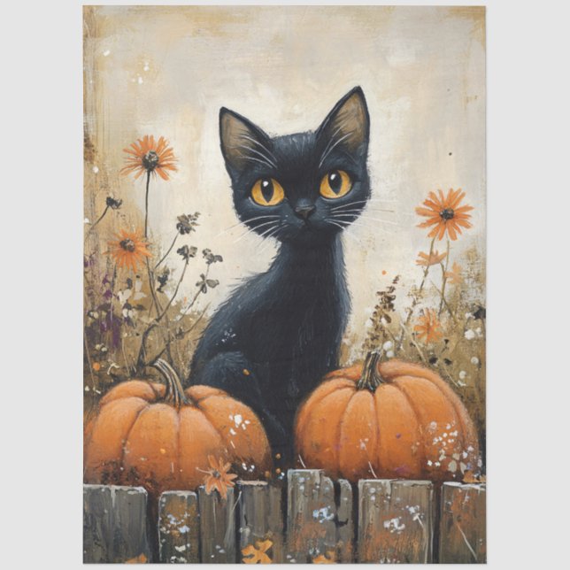 Whimsical Black Cat und Pumpkins Decoupage Seidenpapier (Vorderseite)