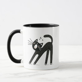 Whimsical Black Cat Yawning and Stretching Tasse