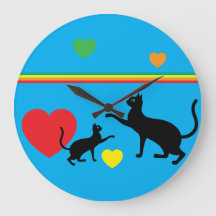 Whimsical Black Cats and Rainbow Round Clock