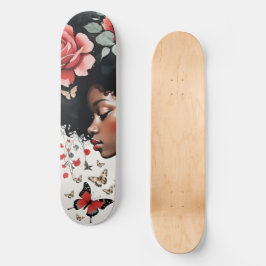 Whimsical Black Girl mit Rose und Schmetterlingen Skateboard