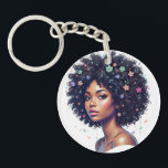 Whimsical Black Girl W/ Flower Adorned Afro Schlüsselanhänger<br><div class="desc">Celebrate the beauty and diversity of black women with this sweet print showcasing an AfricanAmerican young lady wearing her crowning glory in a classic round curly afro. Her naturally curly afro is accented with joyful flowers. Check out the Beautifully Black shop for matching items!</div>