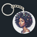 Whimsical Black Girl W/ Flower Adorned Afro Schlüsselanhänger<br><div class="desc">Celebrate the beauty and diversity of black women with this sweet print showcasing an AfricanAmerican young lady wearing her crowning glory in a classic round curly afro. Her naturally curly afro is accented with joyful flowers. Check out the Beautifully Black shop for matching items!</div>