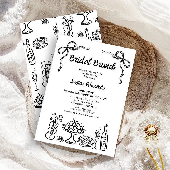 Whimsical Black Hand Drawn Bridal Brunch Dusche Einladung (Whimsical Black Bridal Brunch Bridal Shower Invitation, Pattern Back, Doodle, Food Drink Hand Drawn )
