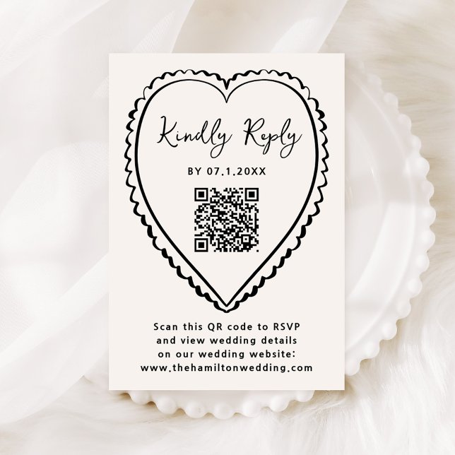 Whimsical Black Heart QR Code Wedding RSVP Karte (Von Creator hochgeladen)