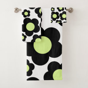 Whimsical Black & Lime Green Floral Retro fröhlich Badhandtuch Set