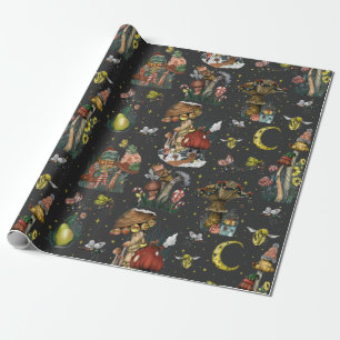 Whimsical Black Mushroom Frohe Weihnachten Goth Wr Geschenkpapier