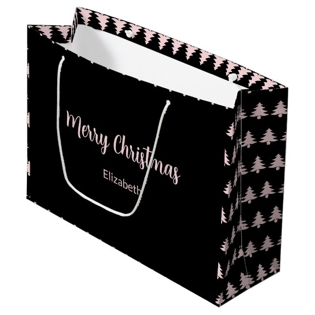 Whimsical Black & Pink Frohe Weihnachtsbaumen Name Große Geschenktüte (Vorderseite Schrägansicht)