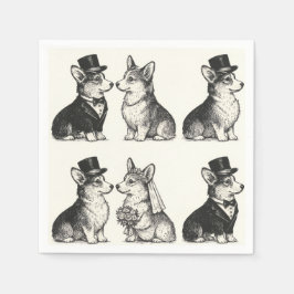 Whimsical Black & White Vintag Corgi Wedding Serviette