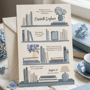 Whimsical blaue Bibliotheksregal-Brautparty Einladung