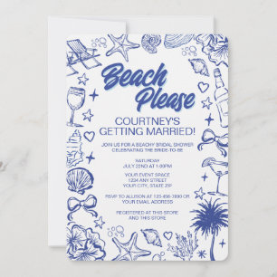 Whimsical blaue handgezeichnete Strand-Hochzeitsdu Einladung