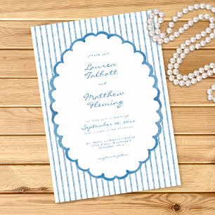 Whimsical Blaue Weiße Aquarell-Streifen-Hochzeit Einladung