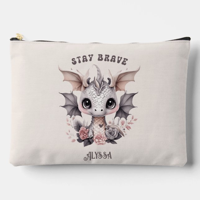 Whimsical "Bleibe Brave" Kleiner Drache mit Blume Zubehörtasche (Vorderseite)