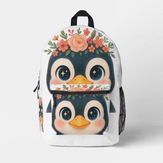 Whimsical Bloom Penguin Bedruckter Rucksack (Vorderseite)