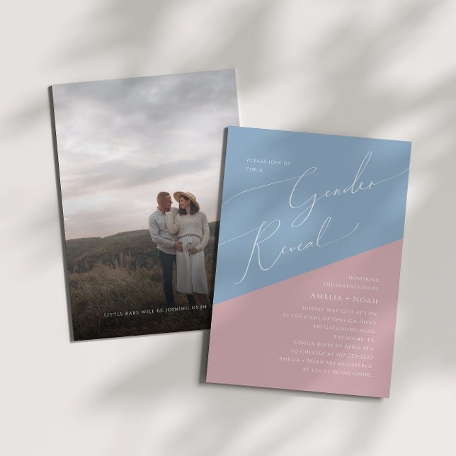 Whimsical Blue and Pink Foto Baby Gender Reveal Einladung (Von Creator hochgeladen)