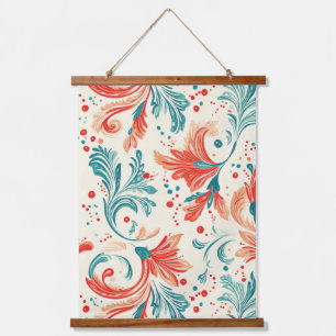 Whimsical Blue and Red Paisley Leaf Muster Wandteppich Mit Holzrahmen