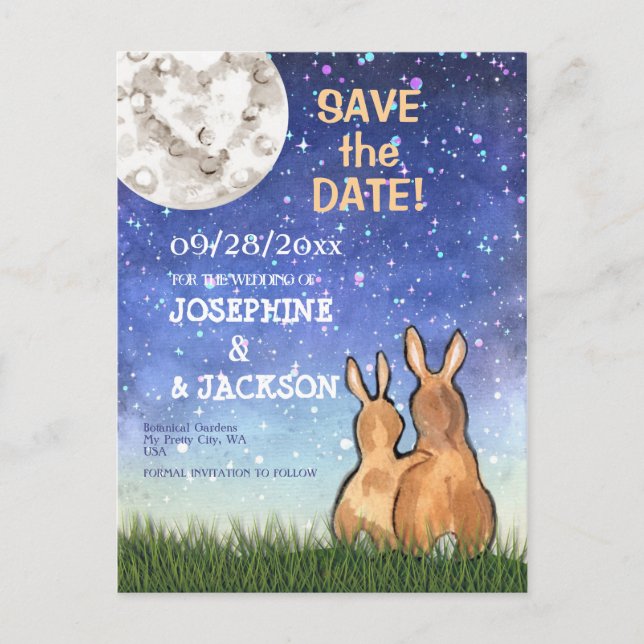 Whimsical Blue Bunny Rabbit Moon Stars Hochzeit Ankündigungspostkarte (Vorderseite)