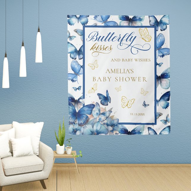 Whimsical Blue Butterfly Kisses Baby Dusche Party Wandteppich (Von Creator hochgeladen)