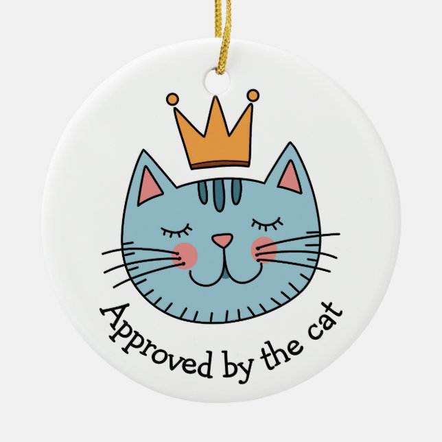 Whimsical Blue Cat mit gelber Krone nach Maß Keramik Ornament (Vorne)