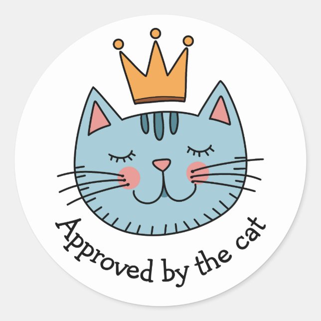 Whimsical Blue Cat mit gelber Krone nach Maß Runder Aufkleber (Vorderseite)