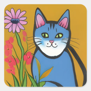 Whimsical Blue Cat mit rosa Blume Folk Art Quadratischer Aufkleber